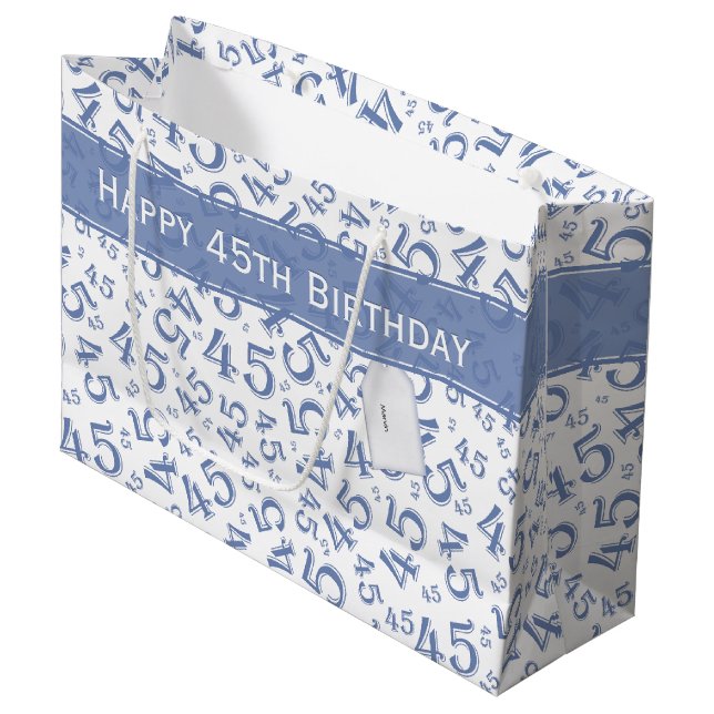 Grand Sac Cadeau Joyeux 45e anniversaire Numéro Motif Bleu/Blanc (Devant Angle)