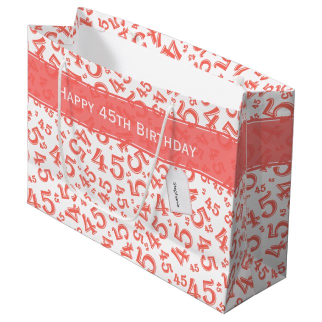 Grand Sac Cadeau Joyeux 45e anniversaire Numéro Motif Coral/Blanc (Devant Angle)