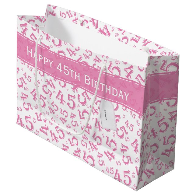 Grand Sac Cadeau Joyeux 45e anniversaire Numéro Motif rose/blanc (Devant Angle)