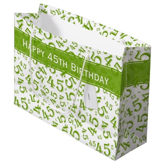 Grand Sac Cadeau Joyeux 45e anniversaire Numéro Motif Vert/Blanc (Devant Angle)