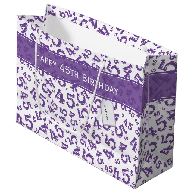 Grand Sac Cadeau Joyeux 45e anniversaire Numéro Motif violet/blanc (Devant Angle)