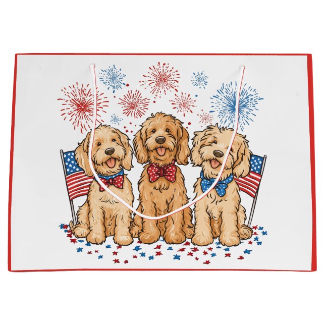 Grand Sac Cadeau Joyeux 4 juillet Goldendoodle Dogs Fireworks (Devant)