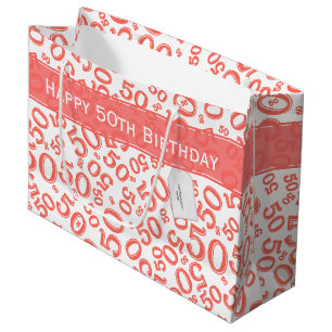 Grand Sac Cadeau Joyeux 50e anniversaire Coral et blanc Motif de la