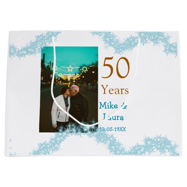 Grand Sac Cadeau Joyeux 50e anniversaire nom couple date mariage (Devant)