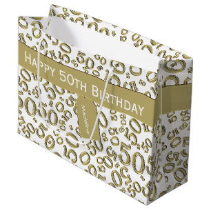 Grand Sac Cadeau Joyeux 50e anniversaire Numéro Motif Or/Blanc