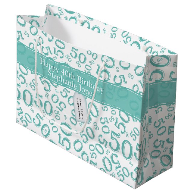 Grand Sac Cadeau Joyeux 50e anniversaire Random Motif Turquoise/bla (Devant Angle)
