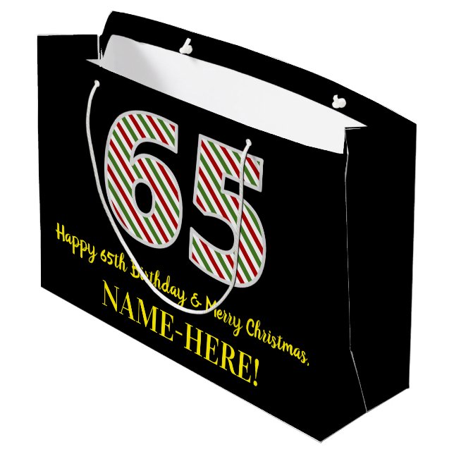 Grand Sac Cadeau Joyeux 65e anniversaire & Joyeux Noël, Nom personn (Dos Angle)