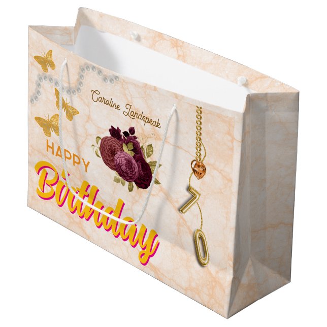 Grand Sac Cadeau Joyeux 70 Anniversaire Bourgogne Roses & Bijoux en (Devant Angle)