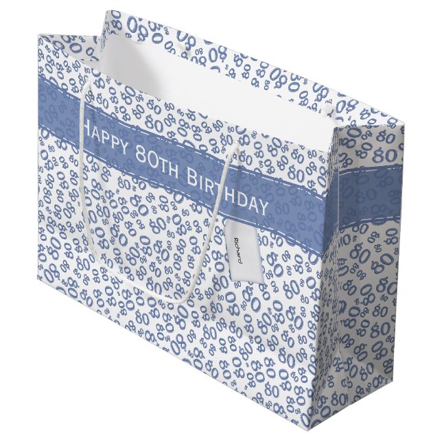 Grand Sac Cadeau Joyeux 80e anniversaire bleu et blanc Motif numéri (Devant Angle)