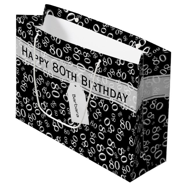 Grand Sac Cadeau Joyeux 80e anniversaire noir/blanc Motif numérique (Devant Angle)