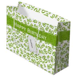 Grand Sac Cadeau Joyeux 80e Motif de numéros au hasard vert/blanc