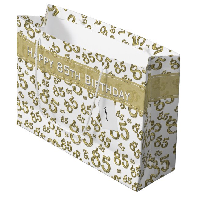 Grand Sac Cadeau Joyeux 85e anniversaire Gold et Motif numérique bl (Devant Angle)