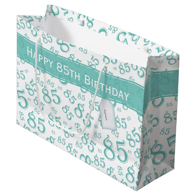 Grand Sac Cadeau Joyeux 85e anniversaire Motif numéro Turquoise/bla (Devant Angle)