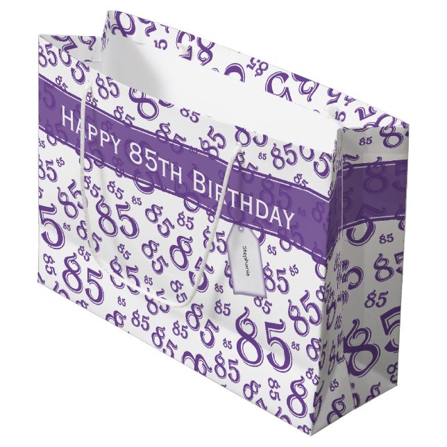 Grand Sac Cadeau Joyeux 85e anniversaire Numéro Motif violet/blanc (Devant Angle)