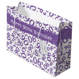 Grand Sac Cadeau Joyeux 90ème Motif de nombres aléatoires violet/bl