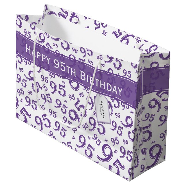 Grand Sac Cadeau Joyeux 95e anniversaire Numéro Motif pourpre (Devant Angle)