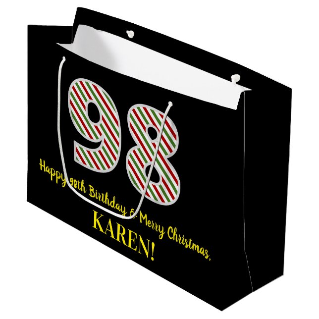 Grand Sac Cadeau Joyeux 98e anniversaire & Joyeux Noël, Nom personn (Devant Angle)