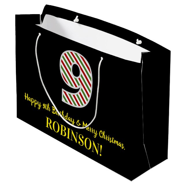 Grand Sac Cadeau Joyeux 9e anniversaire & Joyeux Noël, Nom personna (Dos Angle)