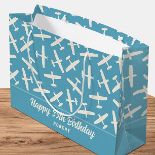Grand Sac Cadeau Joyeux anniversaire Aéronef Rétro Nom du Motif Blu