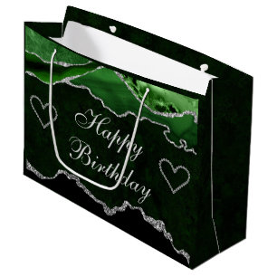 Grand Sac Cadeau Joyeux Anniversaire Agate Pailleté Vert & Argent