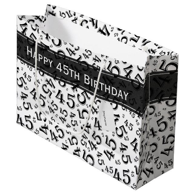 Grand Sac Cadeau Joyeux Anniversaire Âge 45 Numéro Motif Noir/Blanc (Devant Angle)