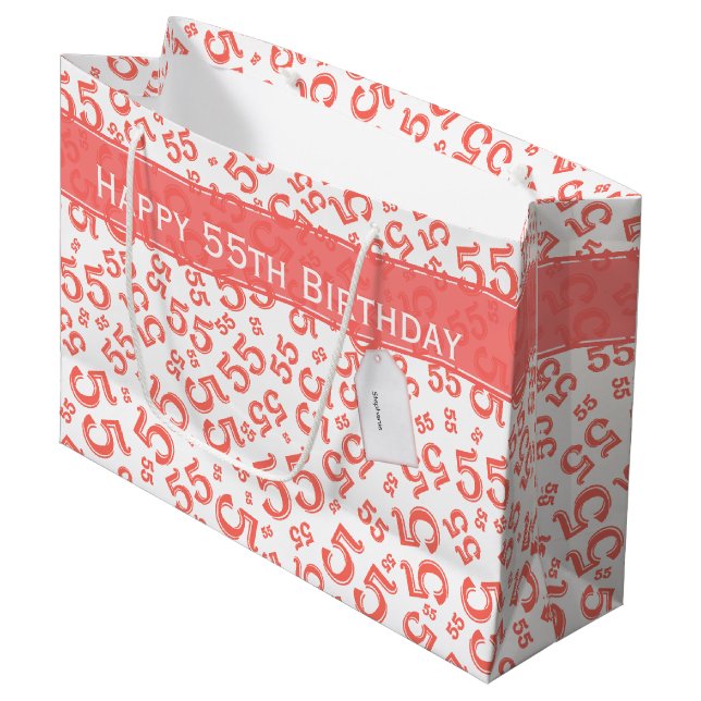 Grand Sac Cadeau Joyeux anniversaire Age 55 Numéro Motif Coral/Blan (Devant Angle)