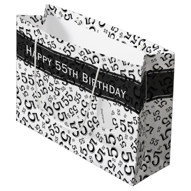 Grand Sac Cadeau Joyeux anniversaire Age 55 Numéro Motif Noir/Blanc (Devant Angle)