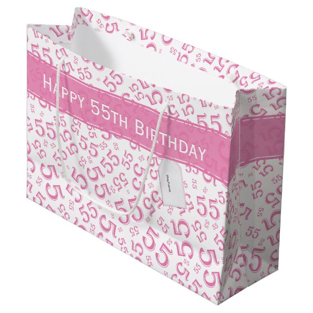 Grand Sac Cadeau Joyeux Anniversaire Âge 55 Numéro Motif Rose/Blanc (Devant Angle)