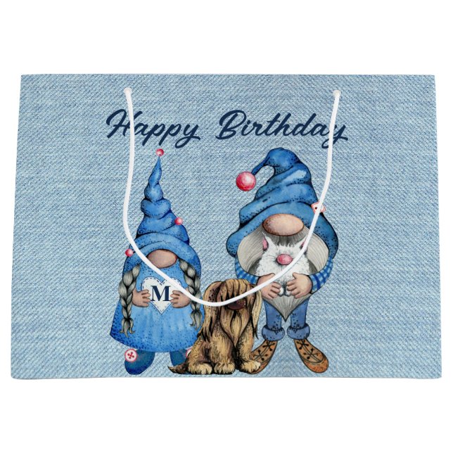 Grand Sac Cadeau Joyeux Anniversaire Avec Denim Gnomes (Devant)