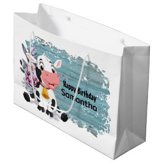 Grand Sac Cadeau Joyeux anniversaire bébé vache rustique bleu