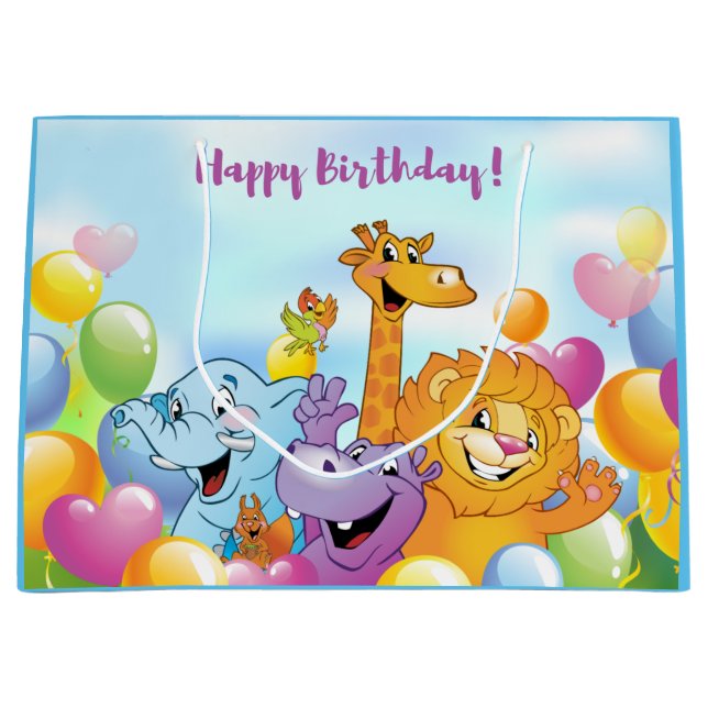 Grand Sac Cadeau Joyeux anniversaire Cartoon Animaux et Ballons Ble (Devant)