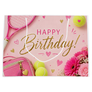 Grand Sac Cadeau Joyeux anniversaire de tennis avec balle fond rose