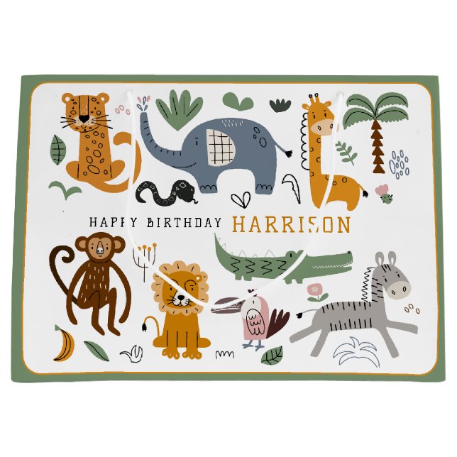 Grand Sac Cadeau Joyeux Anniversaire Deux Animaux Safari Sauvages E (Devant)