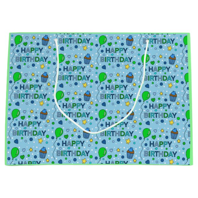 Grand Sac Cadeau Joyeux anniversaire du garçon Blue et Lime Green (Devant)