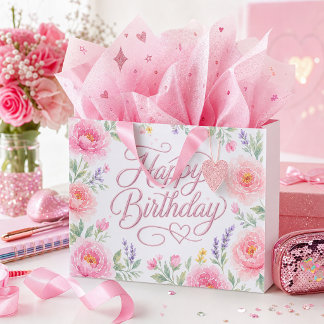 Grand Sac Cadeau Joyeux Anniversaire Filles Fleurs Argent Rose 