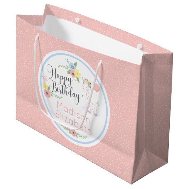 Grand Sac Cadeau Joyeux Anniversaire Giraffe de bébé veau floral pe (Devant Angle)