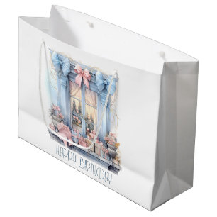 Grand Sac Cadeau Joyeux Anniversaire Hiver Bleu rose Vitre victorie
