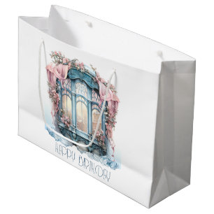Grand Sac Cadeau Joyeux Anniversaire Hiver Bleu rose Vitre victorie