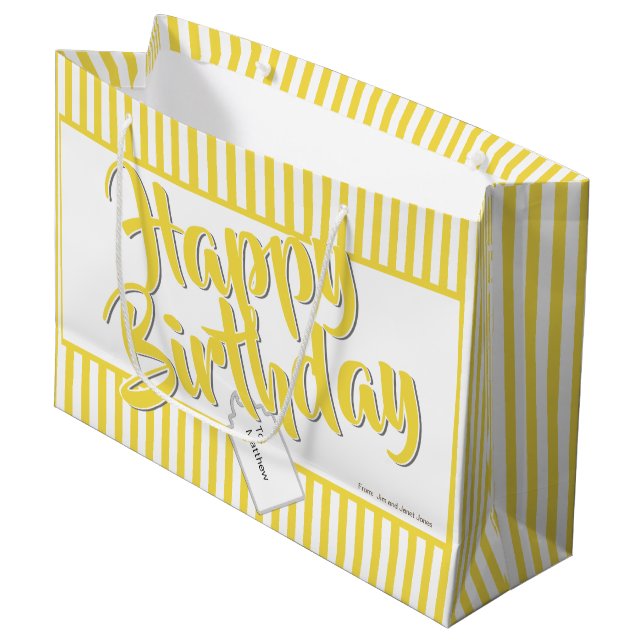 Grand Sac Cadeau Joyeux Anniversaire Jaune/Blanc Stripes Motif (Devant Angle)