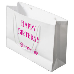 Grand Sac Cadeau Joyeux Anniversaire Monogramme Nom Blanc Hot Rose