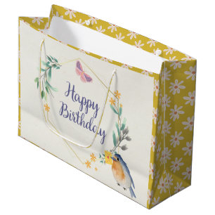Grand Sac Cadeau Joyeux Anniversaire Nature Botanique Oiseau