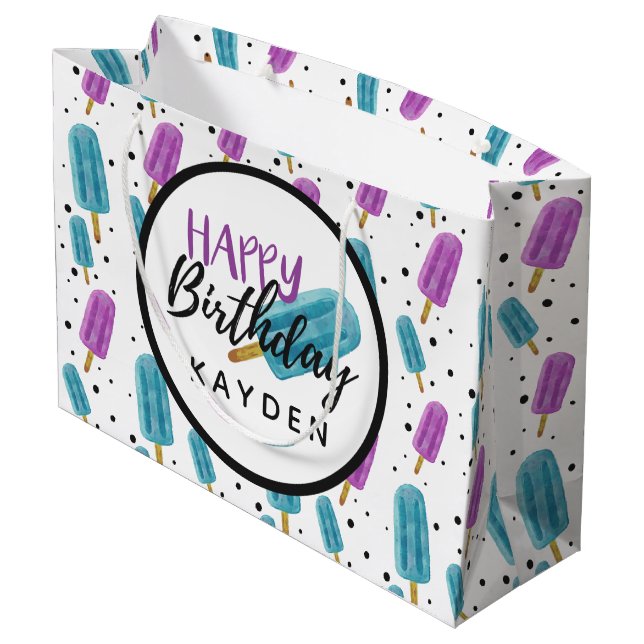 Grand Sac Cadeau Joyeux anniversaire Nom de l'enfant Summer Ice Pop (Dos Angle)