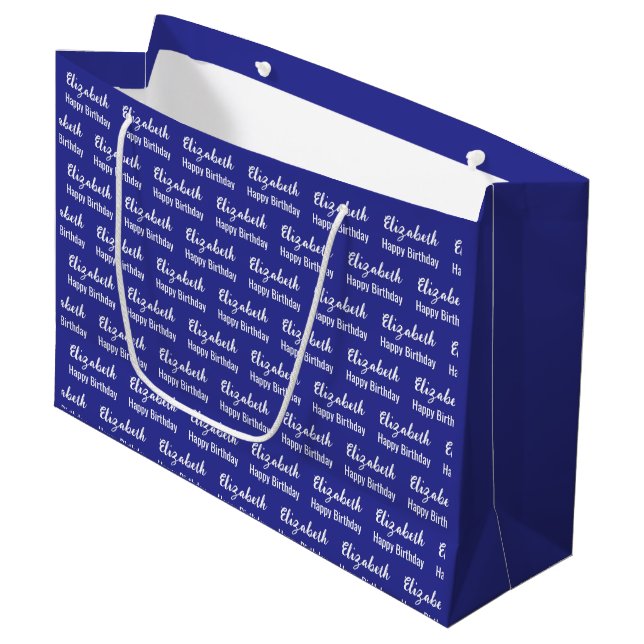Grand Sac Cadeau Joyeux Anniversaire Nom en écriture blanche Bleu (Devant Angle)