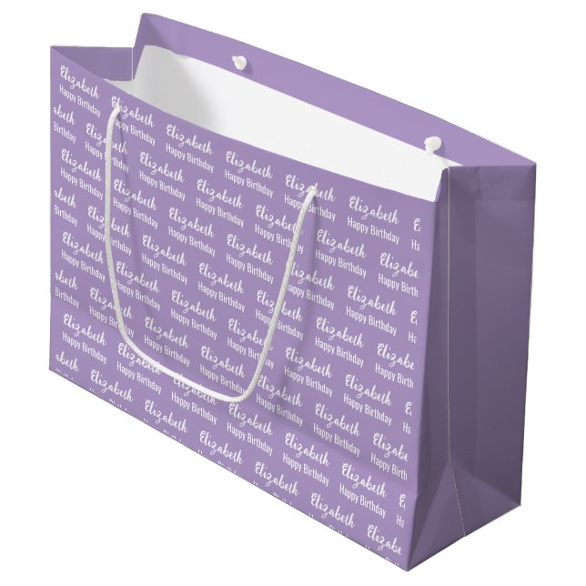 Grand Sac Cadeau Joyeux Anniversaire Nom en Écriture Blanche sur Fo (Devant Angle)