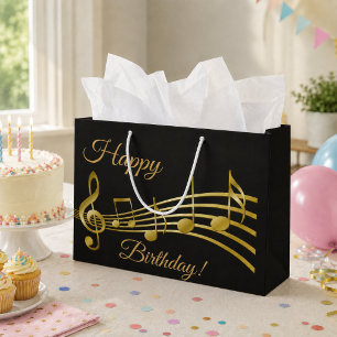 Grand Sac Cadeau Joyeux Anniversaire notes de musique or noir