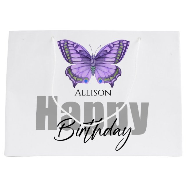 Grand Sac Cadeau Joyeux Anniversaire Papillon pourpre Nom personnal (Devant)