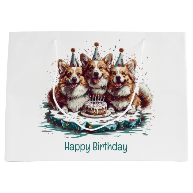 Grand Sac Cadeau Joyeux Anniversaire Pembroke Welsh Corgi Chiens (Devant)
