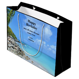 Grand Sac Cadeau Joyeux Anniversaire Plage Tropicale Turquoise Magn