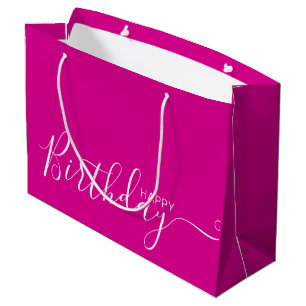Grand Sac Cadeau Joyeux Anniversaire Rose Chaud Blanc Élégant 