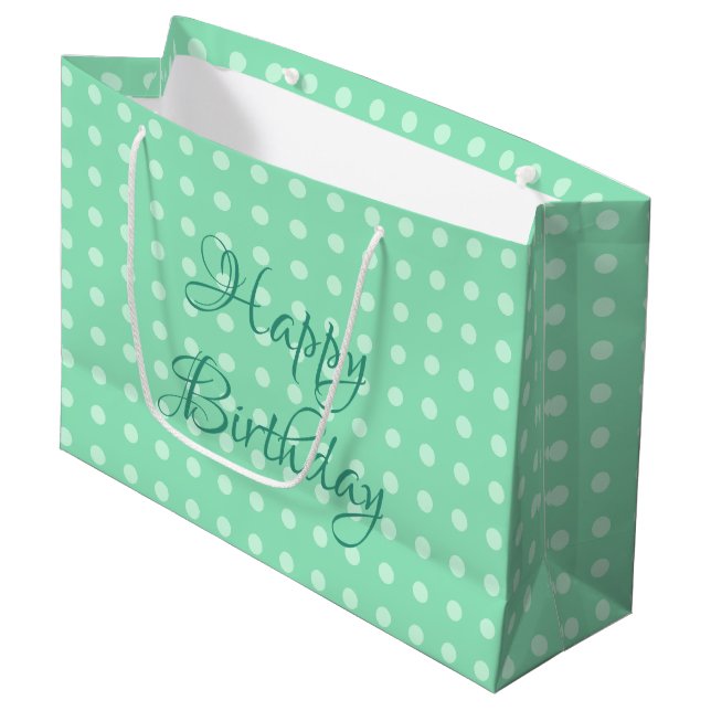 Grand Sac Cadeau Joyeux Anniversaire Rustique Pois Mint couleur ver (Devant Angle)